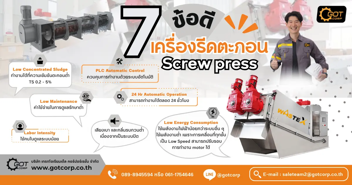 7 ข้อดี ของเครื่องรีดตะกอน Screw Press ช่วยแก้ปัญหาตะกอนตกค้างและสะสมในระบบบำบัดน้ำเสีย